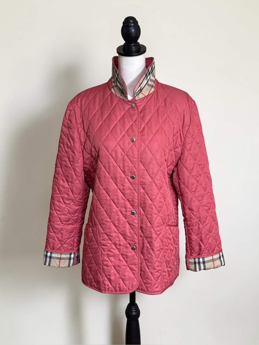 Burberry London Coral Pink Diamond Quilted Nova Check Lined Jacket Large *Flaws
